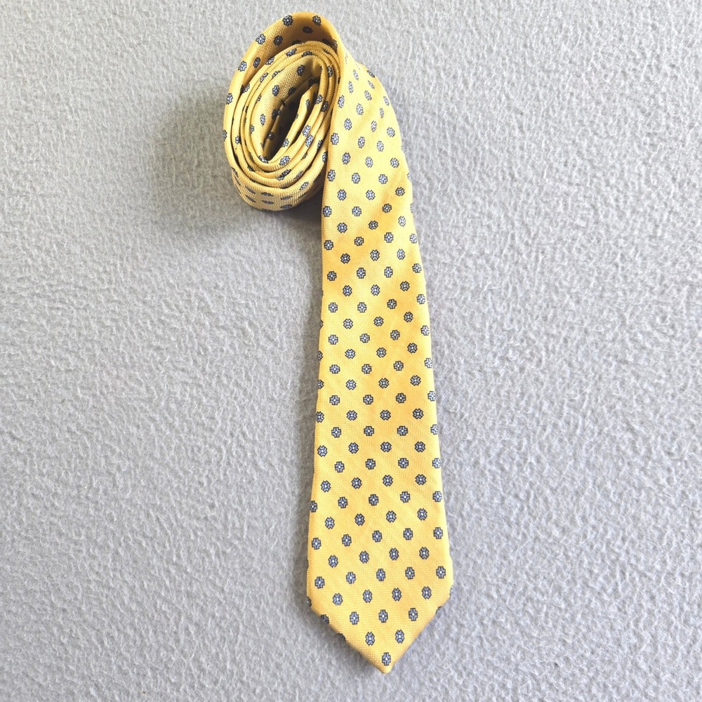 Brooks Brothers Tie Mens OS Yellow Blue Medallion Silk Herringbone Makers USA